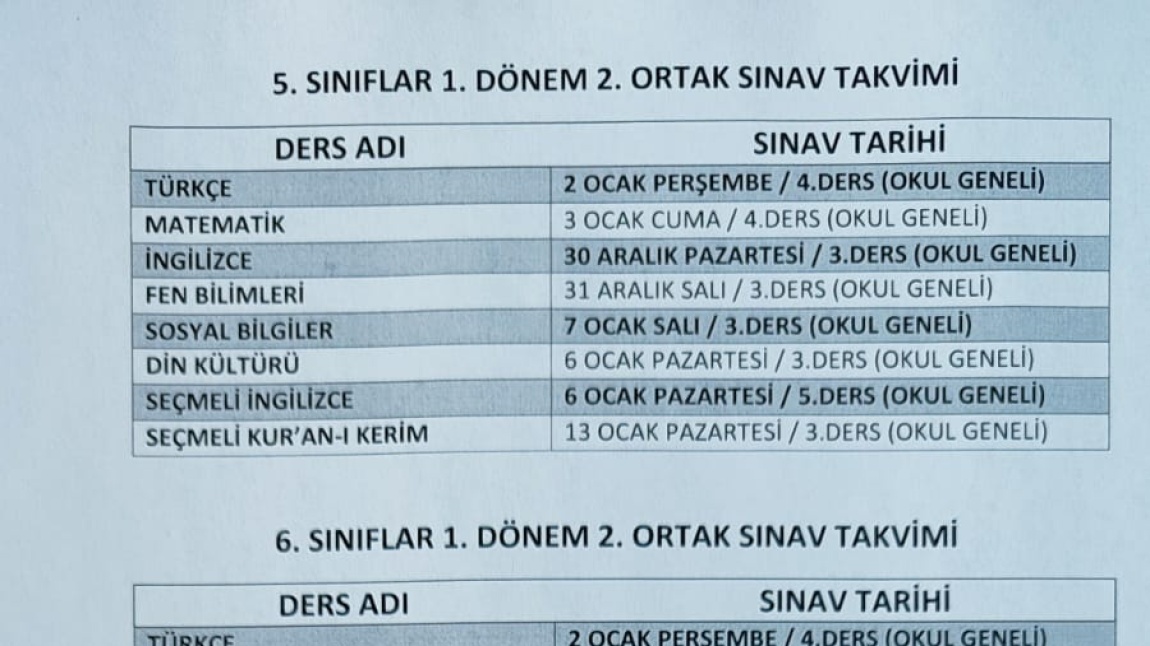 1.DÖNEM 2.ORTAK SINAV TAKVİMİMİZ YAYIMLANDI